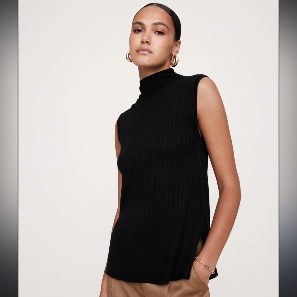 NWT Banana Republic 100% Merino Wool Ribbed Mock Neck Black Sweater Tank